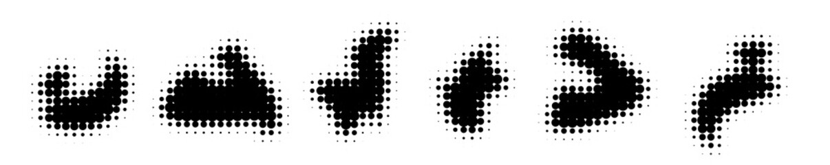 Halftone blob shapes set - dotted black geometric forms, halftone effect paint stains, round particles compositions pack. Grunge design elements collection for backgrounds, patterns and textures.