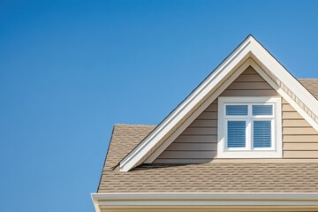 House Exterior. Roof Window. Second floor among blue sky. Mansard attic. Newly build houses. Gable roof with skylight, asphalt roofing, shingles. Residential Home. Vinyl Siding. Polymeric roof-tiles
