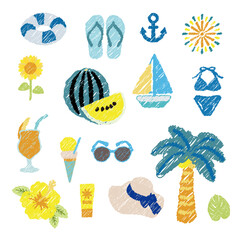 夏の素材　夏休み　手描き風　アイコン
