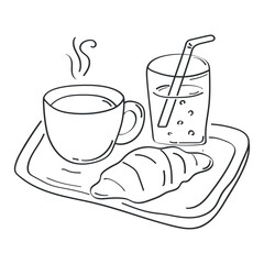 Vector illustration in minimalistic hand-drawn style with cozy breakfast tray. Perfect for illustrating morning rituals, breakfast menu, cafes, food blogs and lifestyle content
