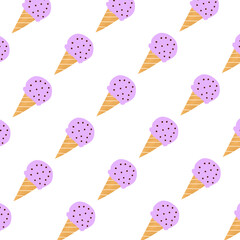 Cartoon illustration of flat style ice cream with cone and various toppings. Summer, desert, sweet, junk food.