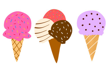Cartoon illustration of flat style ice cream with cone and various toppings. Summer, desert, sweet, junk food.