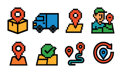 Delivery and logistics pixel art icons set – map, location, transportation symbols