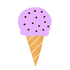 Cartoon illustration of flat style ice cream with cone and various toppings. Summer, desert, sweet, junk food.