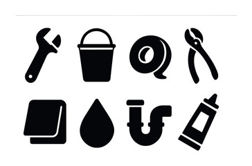 Plumbing tools solid icons set – silhouette, repair, maintenance symbols collection