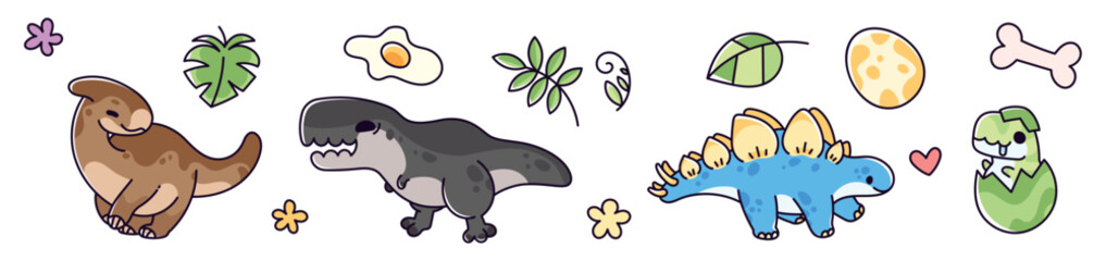 Cute dinosaur stickers set - adorable dino cartoon characters, smiling t-rex, friendly stegosaurus, happy tyrannosaurus, funny parasaurolophus. Bright colorful childish pack for kids design projects.