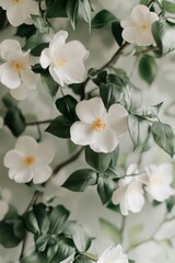 Obraz premium Delicate White Flowers, Green Foliage Background, Floral Photography, Nature, Soft Pastel Colors
