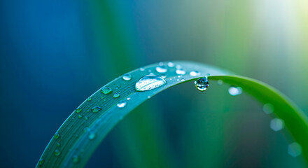 Macro shot of a leaf with a shiny dew drop under a blue sky