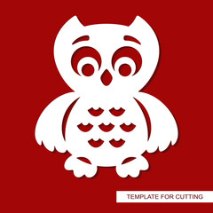Funny figurine cute owl. Children's toy small bird with big eyes, wings. White object on a red background. Template for plotter laser cutting of paper, metal engraving, wood carving, cnc. Vector image