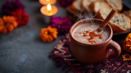 Traditional atole celebration for dia de los muertos with flowers