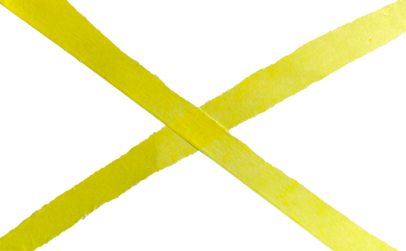 Yellow torn paper with ragged edges laid out in a cross, paper tape strips isolated on transparent PNG background