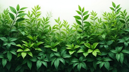 Vibrant Green Foliage: Lush green leaves, illuminated by gentle light, creates a serene scene of natural beauty and vitality. 