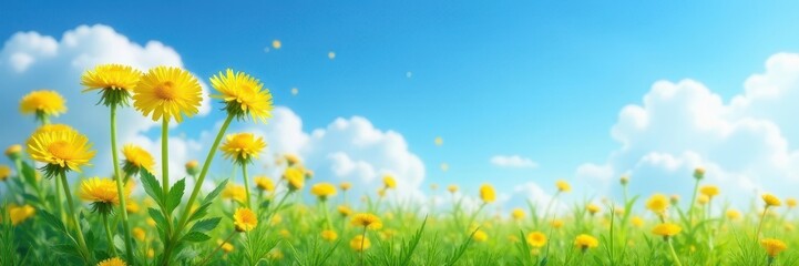 Fototapeta premium Fluffy dandelions against azure sky, peaceful scene, landscape, design