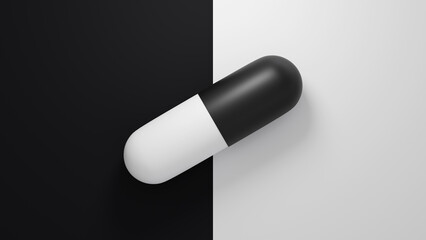 Black and white pill capsule on abstract background. Minimalistic 3D rendered banner.