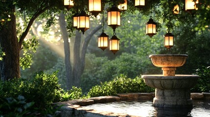 Fototapeta premium Enchanted Garden Fountain at Sunset