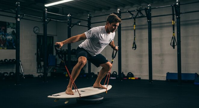 Athletic man trains balancing indoors using surf skateboard with resistance bands in gym environment - Powered by Adobe