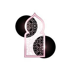 Traditional Islamic Ramadan shiny pink silver window, vector oriental gate arch frame with Arabic arabesque pattern