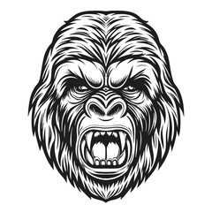 Fototapeta premium Detailed Vector Illustration of an Angry Gorilla Head with Open Mouth, Fangs Showing, Black and White Style, Isolated on White Background. 