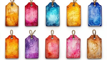 Colorful, textured price tags arranged in a grid pattern.