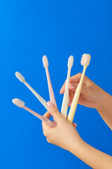 Two hands are holding several toothbrushes. Each toothbrush is a different color. This photo shows variety, freshness, and daily hygiene. 