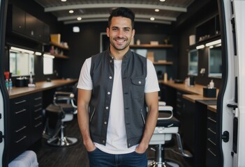 Smiling man in a stylish vest standing inside a modern barbershop