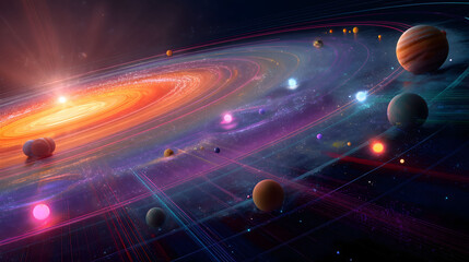 A detailed 3d visualization showing diverse stars in vibrant colors surrounded by exotic planets linked by swirling cosmic dust clouds