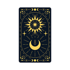 Celestial ornament tarot card vector design, golden Boho line art with mystical crescent moon, stars, sun and arrows
