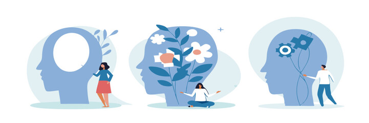 Mental health illustration set. Character with mental disorder fight against stress, depression, emotional burnout and other psychological problems. Psychotherapy concept