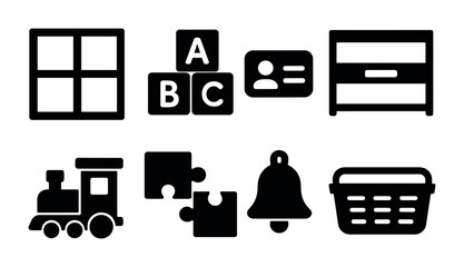 Preschool education icons set with toys and learning tools