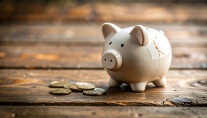 Broken piggy bank with coins on wooden surface representing savings loss