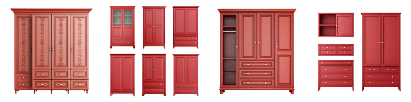 Elegant and timeless red wooden furniture pieces including cabinets wardrobes dressers and storage units with classic paneled designs ornate hardware and a traditional