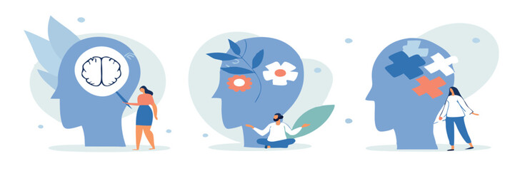 Mental health illustration set. Character with mental disorder fight against stress, depression, emotional burnout and other psychological problems. Psychotherapy concept
