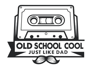 Retro Cassette Tape Design with 'Old School Cool' Slogan, Monochrome Illustration Style for Prints and Stickers                                       