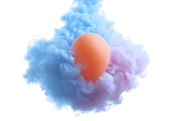 a red balloon is floating in a cloud of blue smoke