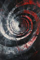 Abstract artistic spiral pattern with distressed textures and red black white color scheme creating a dynamic visual effect and sense of depth in modern art design