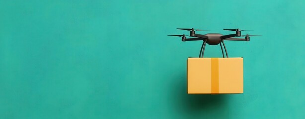 International Logistics Concept, Drone delivering package. Fast and efficient delivery concept. Teal background.
