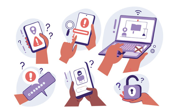 Cyber crime set. Characters loss personal data access, answering a scam call, get fraud mail with virus. Phishing, data breach, information leakage concept
