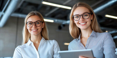 Fototapeta premium Two young women with glasses smiling in a modern office setting, one holding a digital tablet.