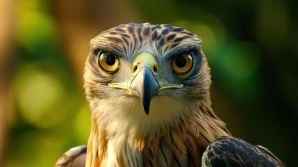 Close-up of the head and sharp gaze of the Javan Hawk Eagle, background wallpaper AI generated image