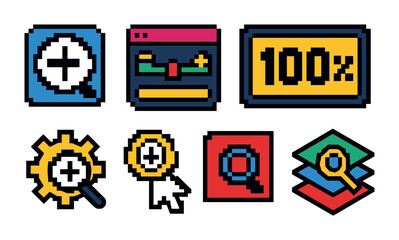 Colorful retro pixel art icons for digital interfaces and tools