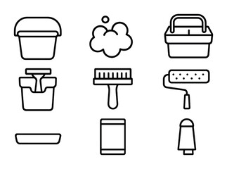 Cleaning tools outline icons set – linear, silhouette, household and sanitation visuals