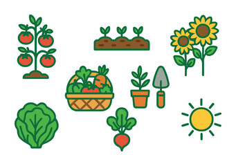 Gardening and nature icons set: flat, green, organic and eco-friendly symbols