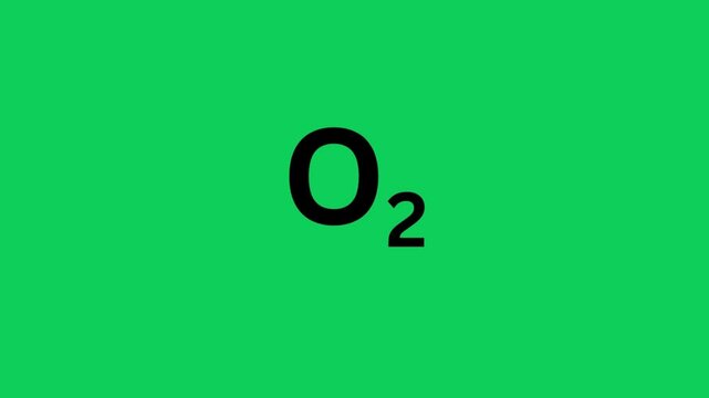 Oxygen gas symbol (O₂) in a green filmstrip design. Ideal for chemistry, medical gases, or science education footage. Clean 4K graphic loop-ready.