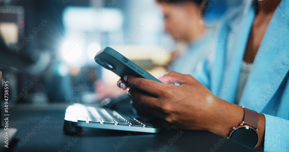 Aufkleber office, hands and online with smartphone for chat, digital conversation and connection for contact. 