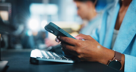 Office, hands and online with smartphone for chat, digital conversation and connection for contact. Flare, business person and worker on break with mobile, app and social media for typing in closeup