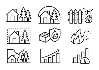Forest fire safety outline icons set &ndash; emergency, prevention, hazard symbols