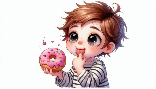 Delightful child enjoying colorful donut cozy kitchen digital art cheerful atmosphere close-up view sweet treat concept