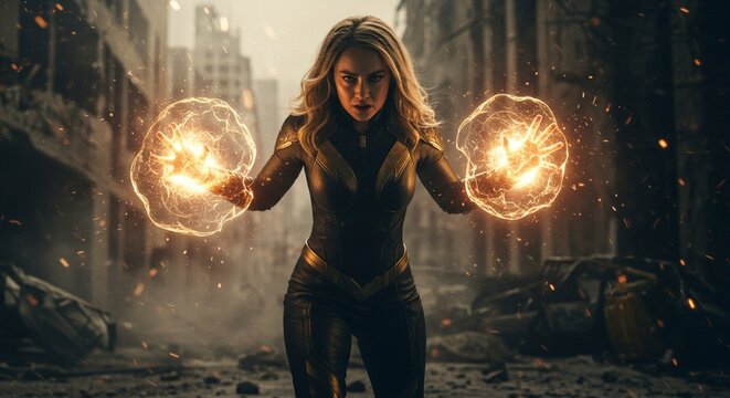 Empowered heroine manifests luminous spheres in ravaged city backdrop showing destruction devastation