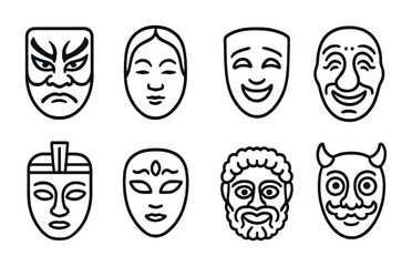 Theater and drama icons set in line style – masks, performance, stage symbols