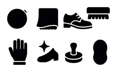 Footwear and accessories solid icons set – shoes, boots, cleaning essentials design